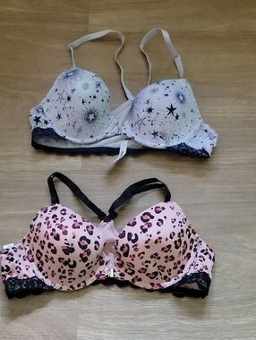 Adore Me Pink Leopard Bra with Black Lace Accents And Star Bra With Black Accent